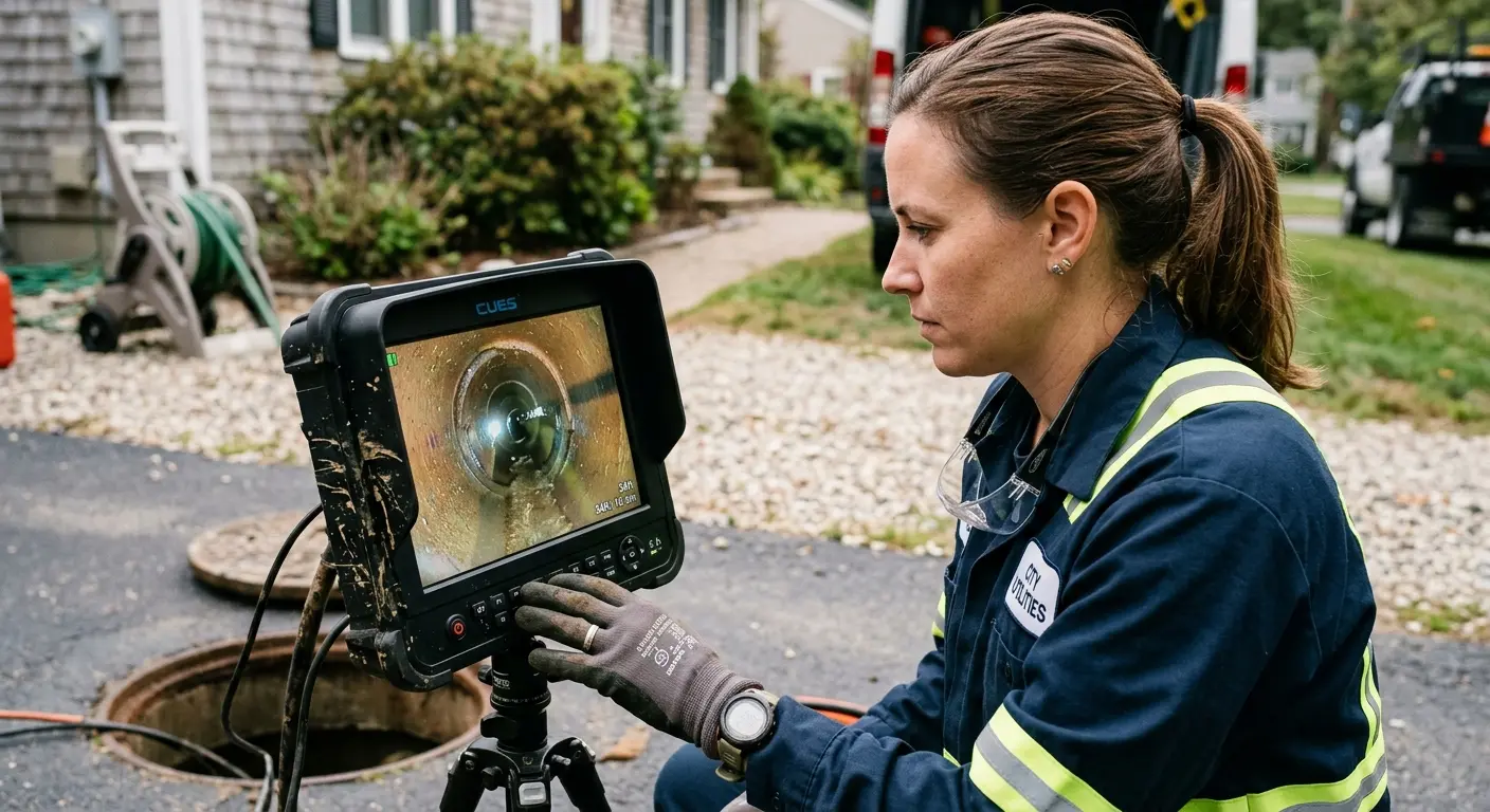 Technician reviewing sewer camera inspection footage in Hidalgo