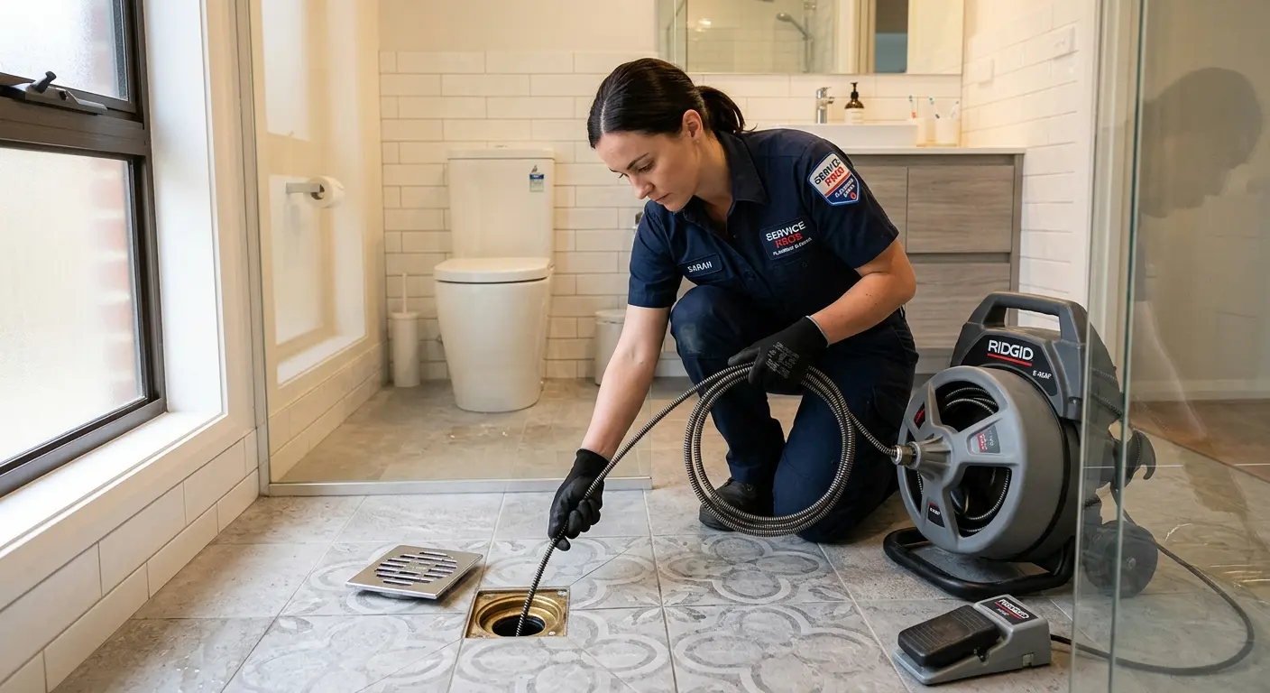 Technician clearing a bathroom floor drain for Hydro Jetting in Hidalgo